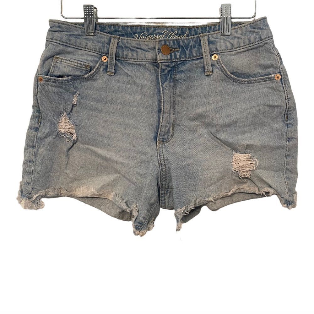 Universal thread light wash high rise shortie distressed denim jean shorts sz 6